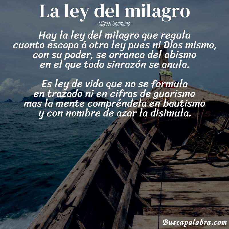 Poema La ley del milagro de Miguel Unamuno con fondo de barca
