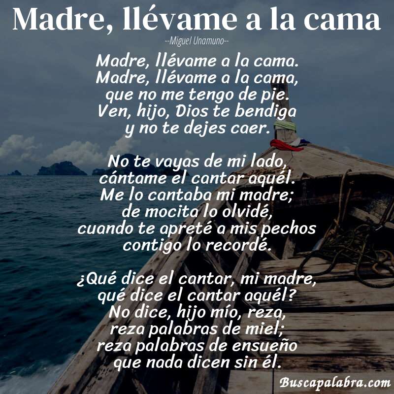 Poema Madre, llévame a la cama de Miguel Unamuno con fondo de barca