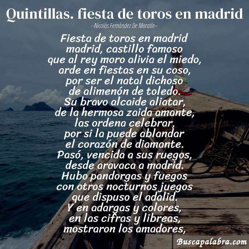 Poema quintillas. fiesta de toros en madrid de Nicolás Fernández de Moratín con fondo de barca
