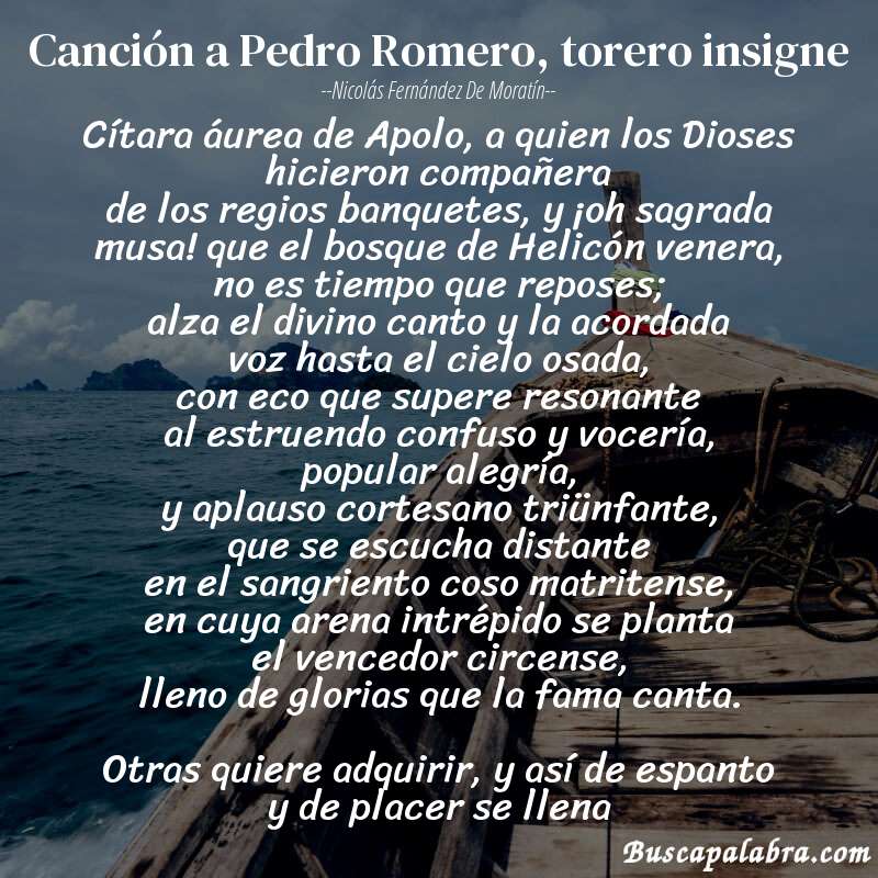 Poema Canción a Pedro Romero, torero insigne de Nicolás Fernández de Moratín con fondo de barca