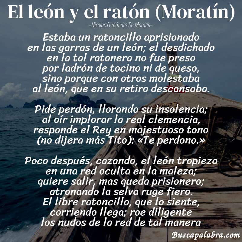 Poema El león y el ratón (Moratín) de Nicolás Fernández de Moratín con fondo de barca
