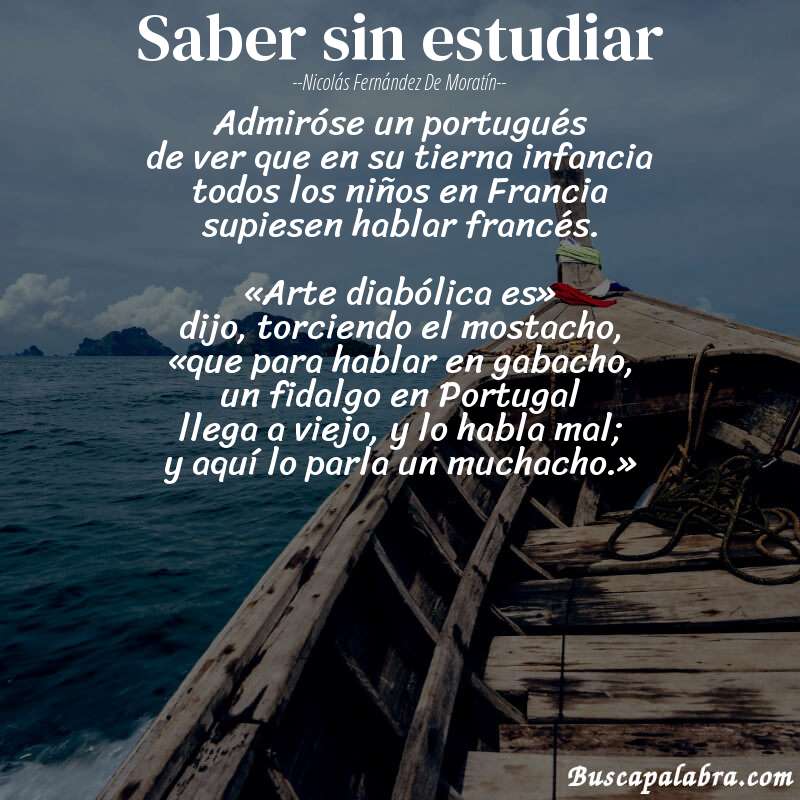 Poema Saber sin estudiar de Nicolás Fernández de Moratín con fondo de barca