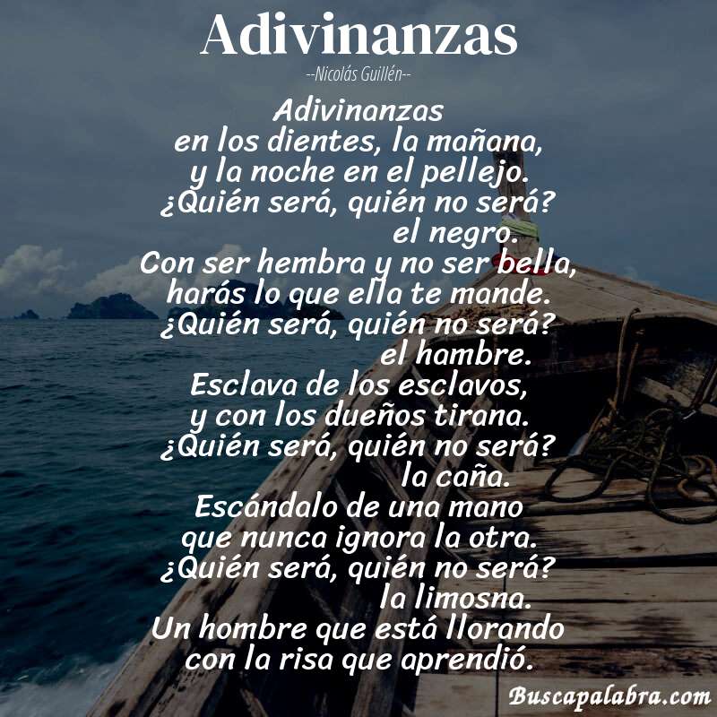 Poema adivinanzas de Nicolás Guillén con fondo de barca