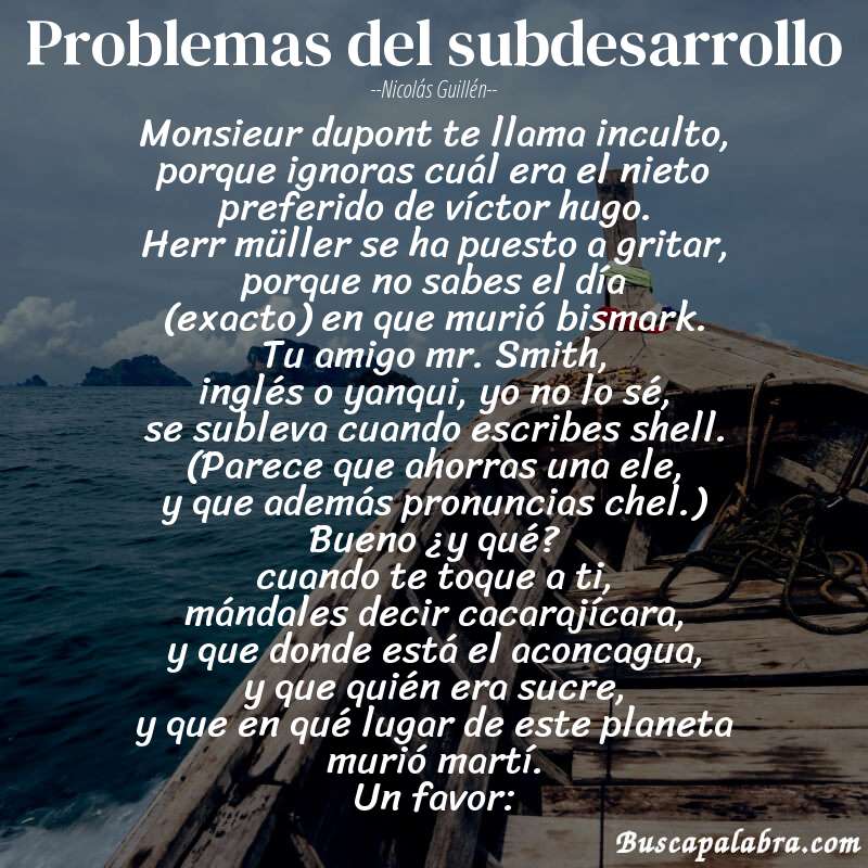 Poema problemas del subdesarrollo de Nicolás Guillén con fondo de barca