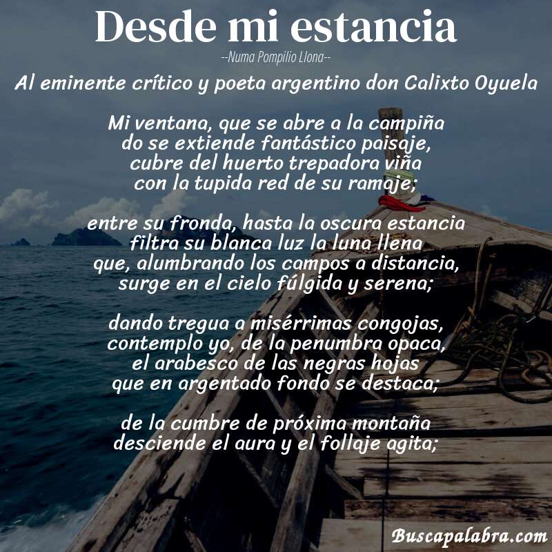 Poema Desde mi estancia de Numa Pompilio Llona con fondo de barca