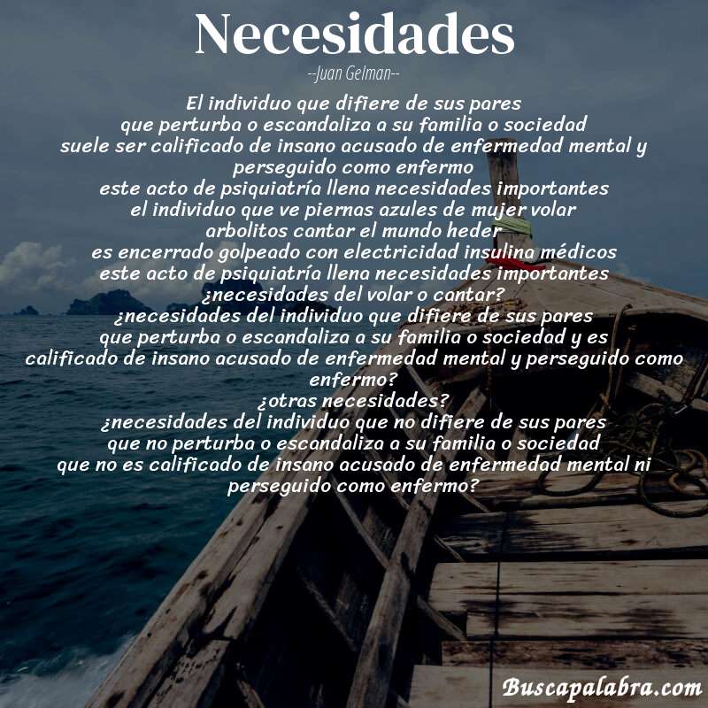 Poema necesidades de Juan Gelman con fondo de barca