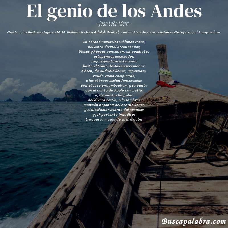 Poema El genio de los Andes de Juan León Mera con fondo de barca