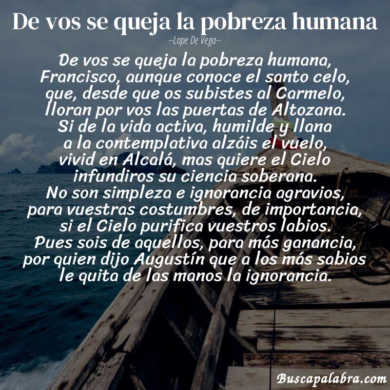 Poema De vos se queja la pobreza humana de Lope de Vega con fondo de barca