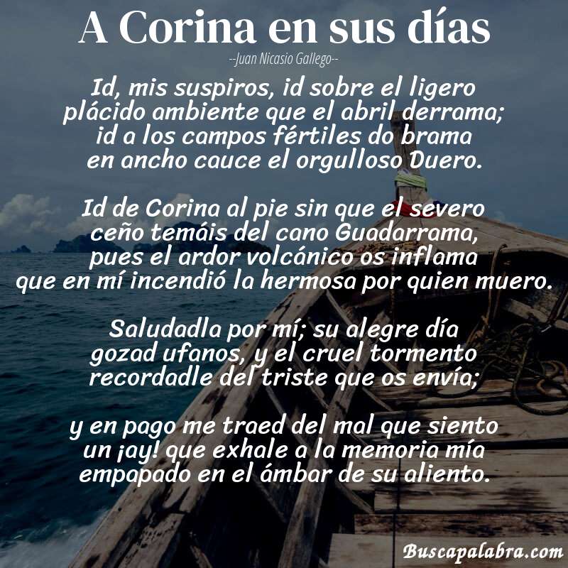 Poema A Corina en sus días de Juan Nicasio Gallego con fondo de barca