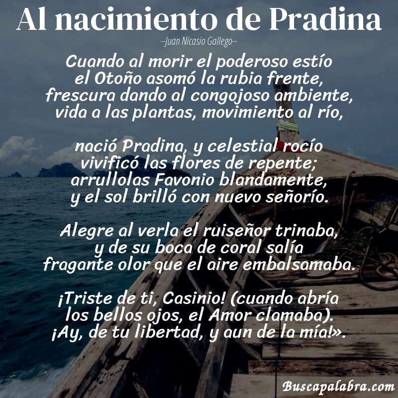 Poema Al nacimiento de Pradina de Juan Nicasio Gallego con fondo de barca