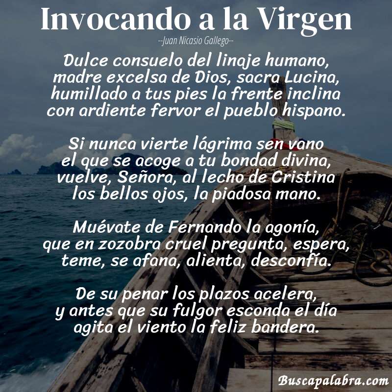 Poema Invocando a la Virgen de Juan Nicasio Gallego con fondo de barca