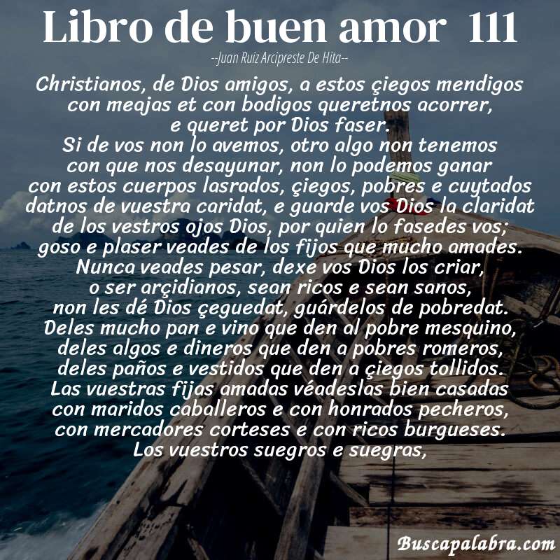 Poema libro de buen amor  111 de Juan Ruiz Arcipreste de Hita con fondo de barca
