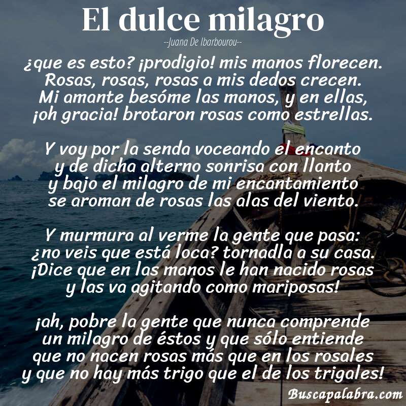 Poema el dulce milagro de Juana de Ibarbourou con fondo de barca