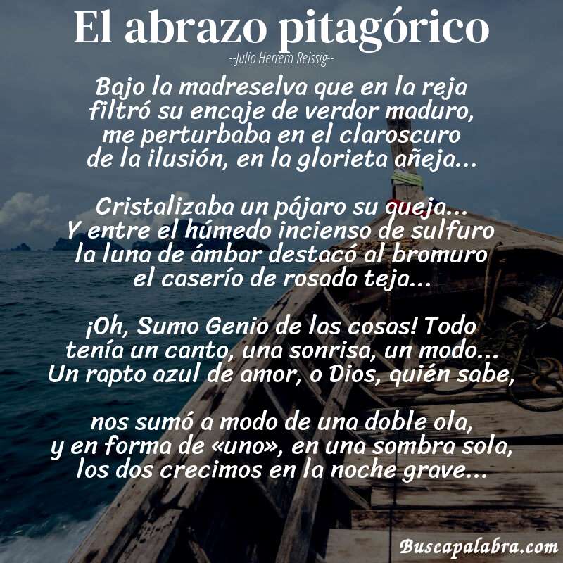 Poema El abrazo pitagórico de Julio Herrera Reissig con fondo de barca
