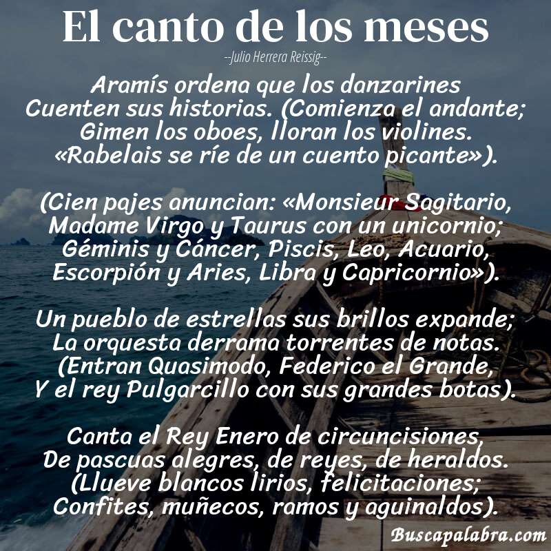 Poema El canto de los meses de Julio Herrera Reissig con fondo de barca