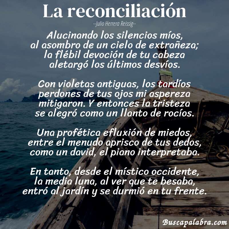 Poema la reconciliación de Julio Herrera Reissig con fondo de barca