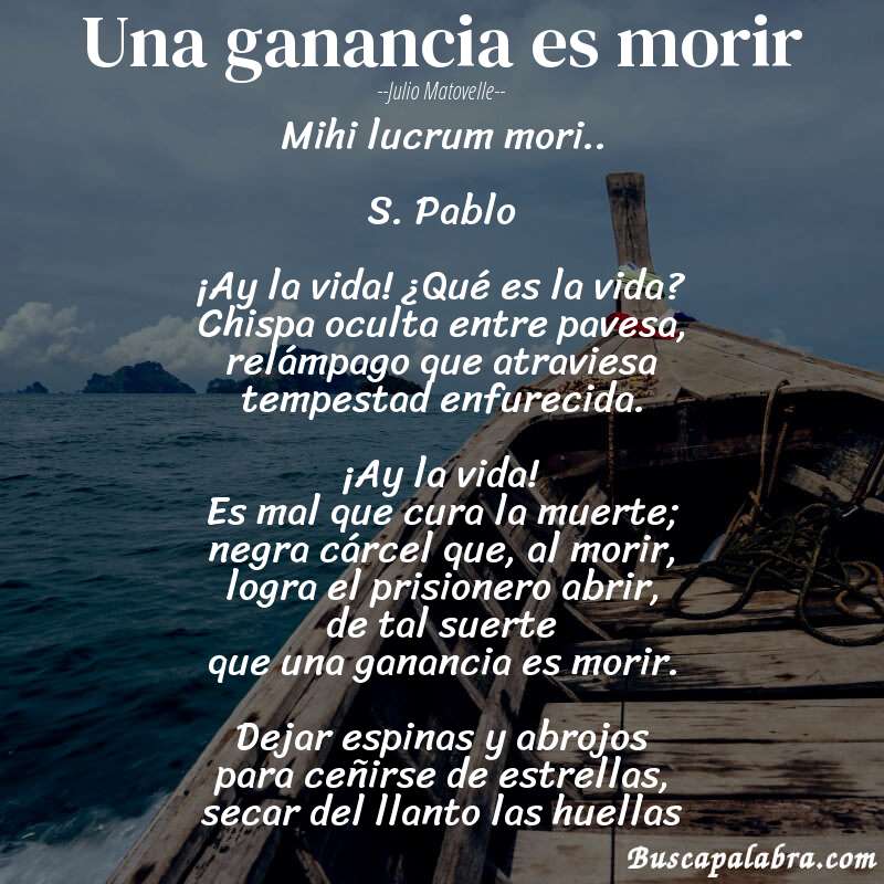 Poema Una ganancia es morir de Julio Matovelle con fondo de barca