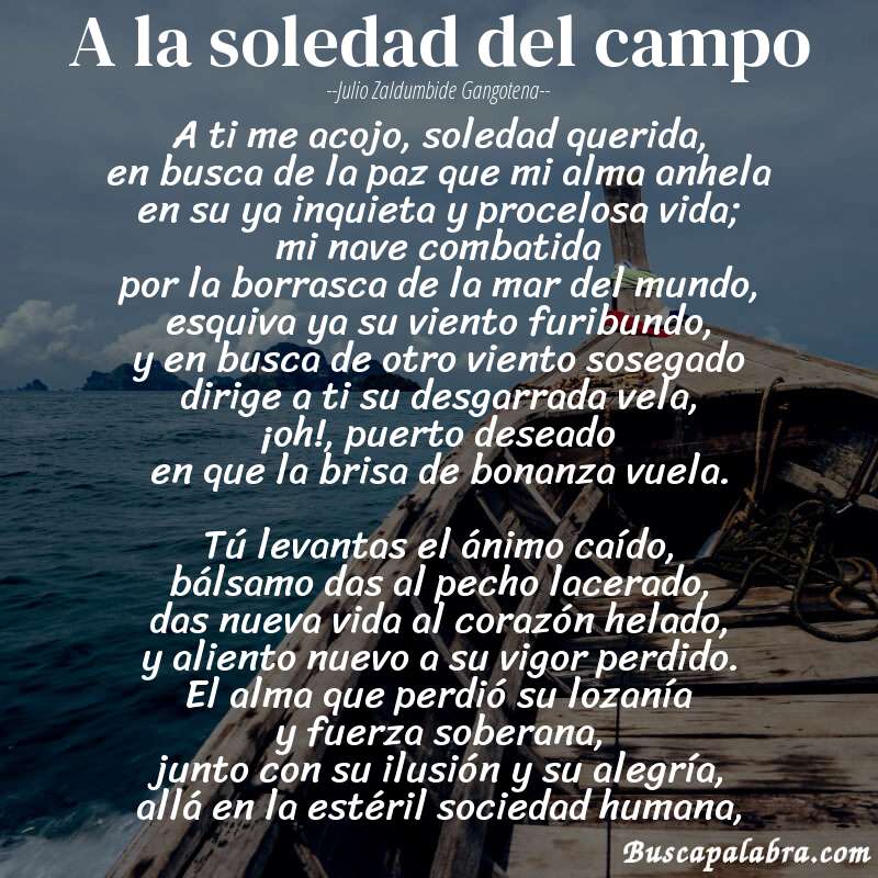 Poema A la soledad del campo de Julio Zaldumbide Gangotena con fondo de barca