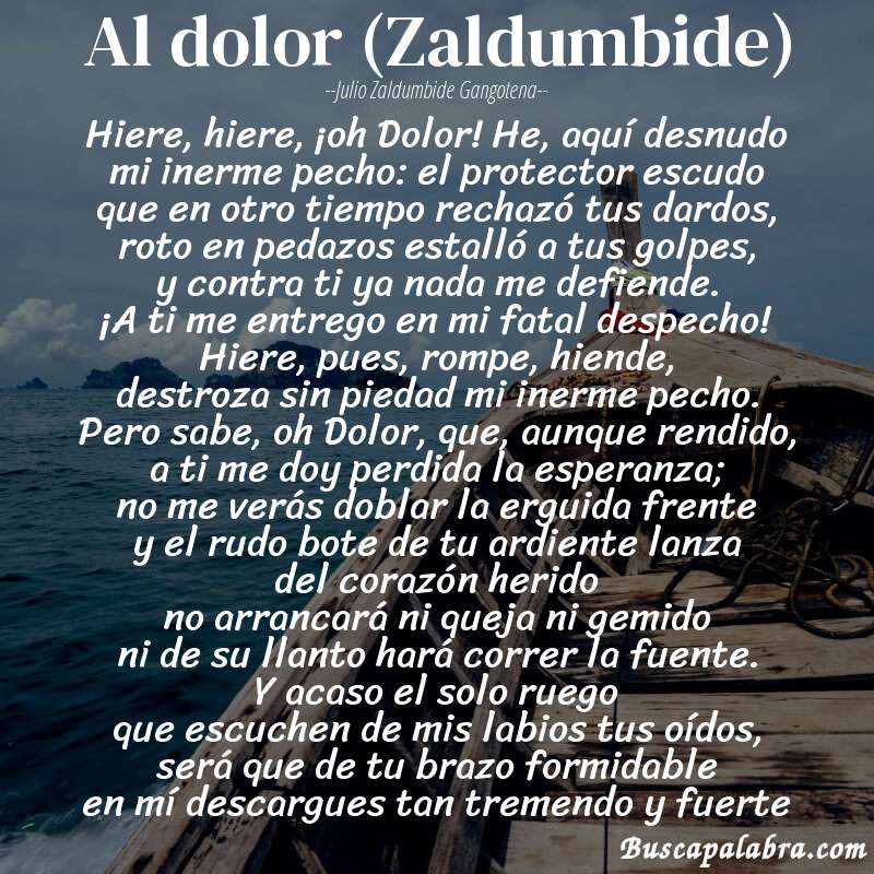 Poema Al dolor (Zaldumbide) de Julio Zaldumbide Gangotena con fondo de barca