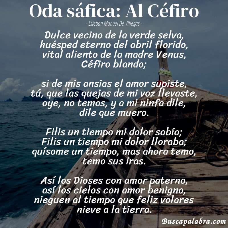Poema Oda sáfica: Al Céfiro de Esteban Manuel de Villegas con fondo de barca