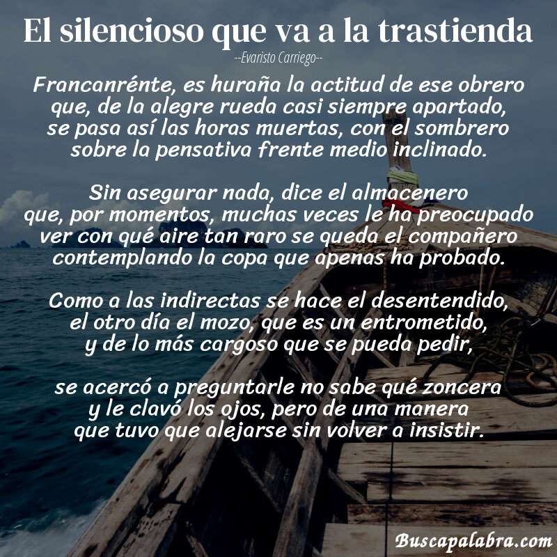 Poema El silencioso que va a la trastienda de Evaristo Carriego con fondo de barca