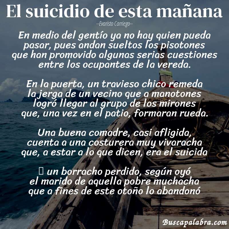 Poema El suicidio de esta mañana de Evaristo Carriego con fondo de barca