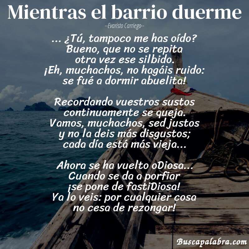 Poema Mientras el barrio duerme de Evaristo Carriego con fondo de barca