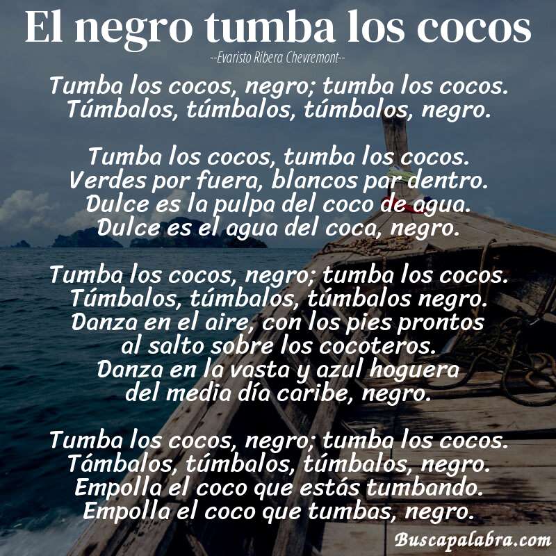 Poema el negro tumba los cocos de Evaristo Ribera Chevremont con fondo de barca