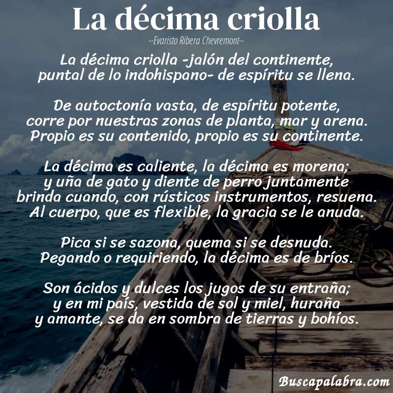 Poema la décima criolla de Evaristo Ribera Chevremont con fondo de barca