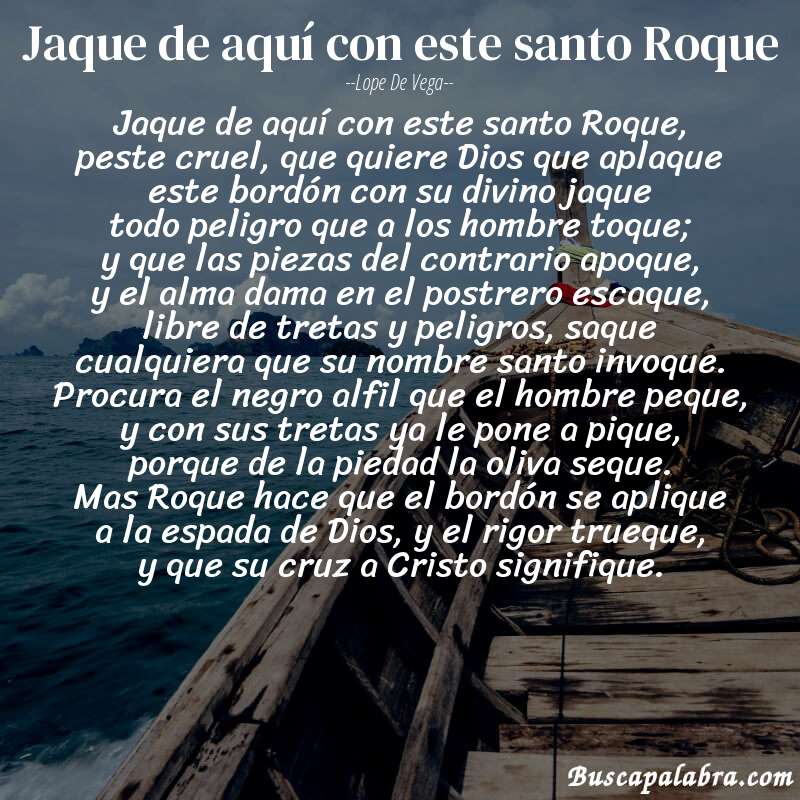 Poema Jaque de aquí con este santo Roque de Lope de Vega con fondo de barca