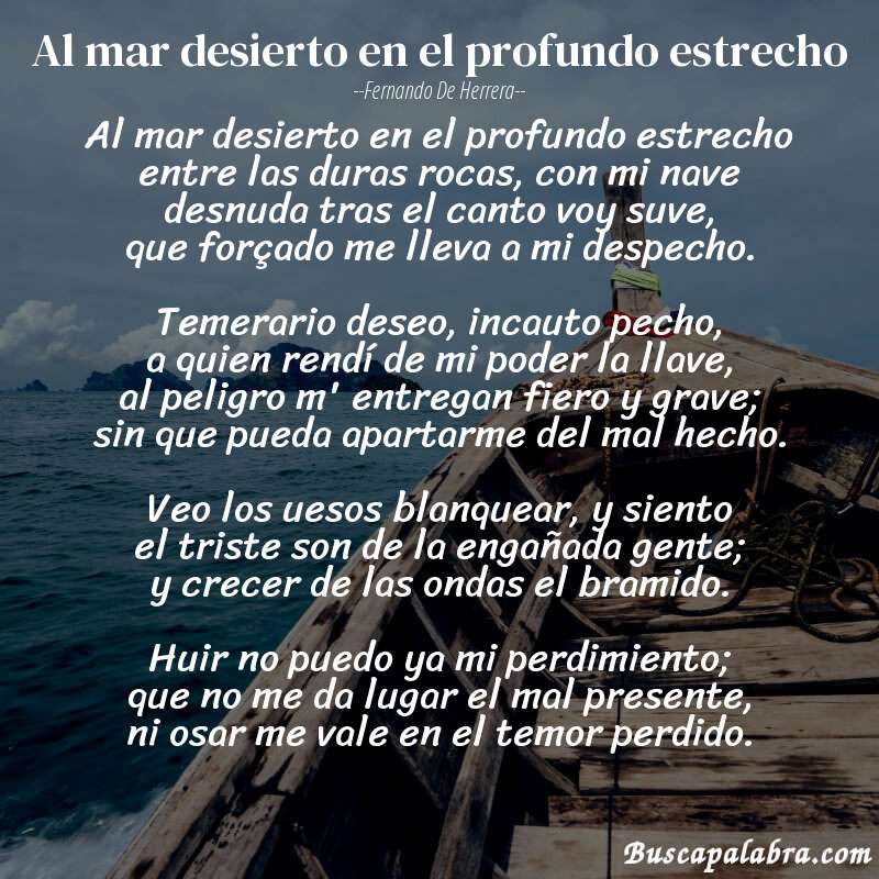 Poema Al mar desierto en el profundo estrecho de Fernando de Herrera con fondo de barca