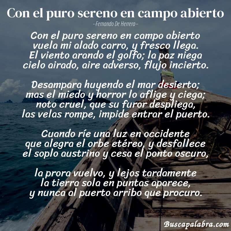 Poema Con el puro sereno en campo abierto de Fernando de Herrera con fondo de barca