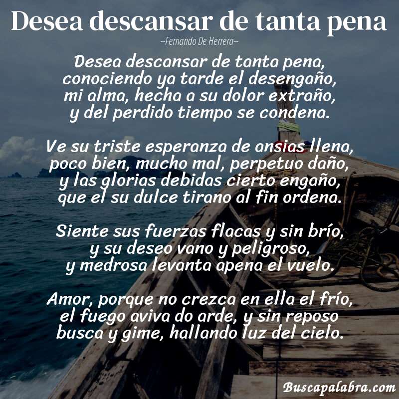 Poema Desea descansar de tanta pena de Fernando de Herrera con fondo de barca
