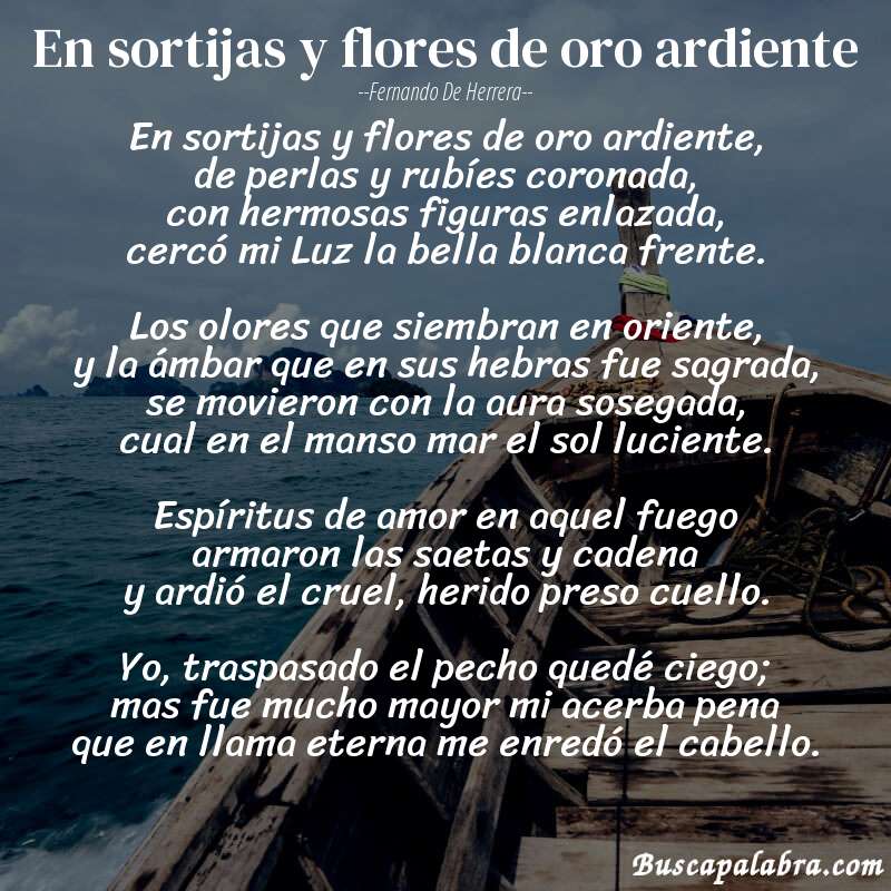 Poema En sortijas y flores de oro ardiente de Fernando de Herrera con fondo de barca
