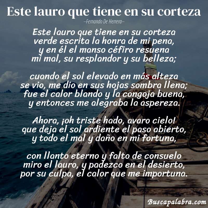 Poema Este lauro que tiene en su corteza de Fernando de Herrera con fondo de barca