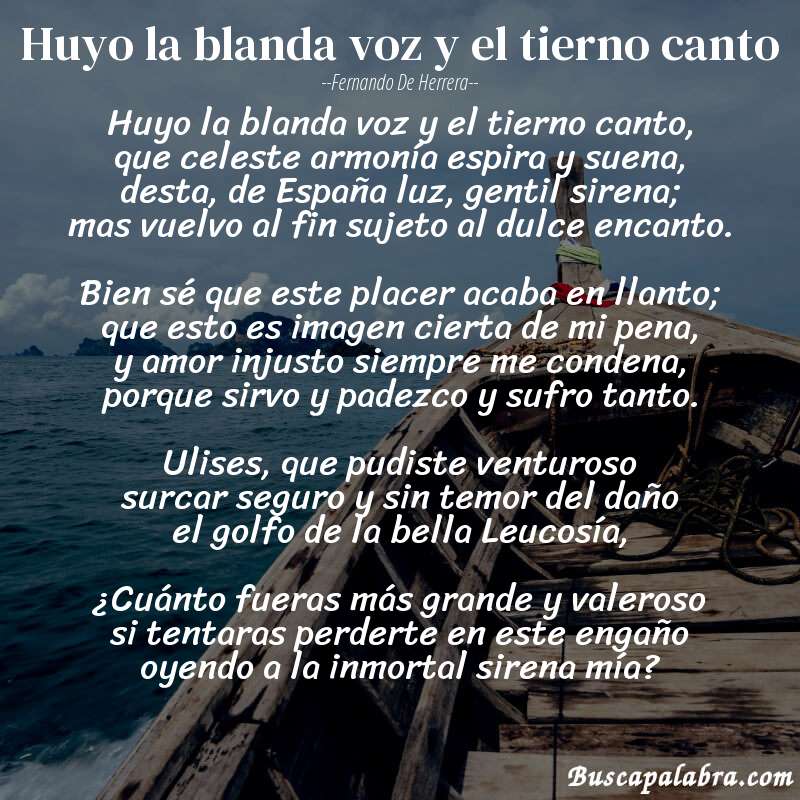 Poema Huyo la blanda voz y el tierno canto de Fernando de Herrera con fondo de barca
