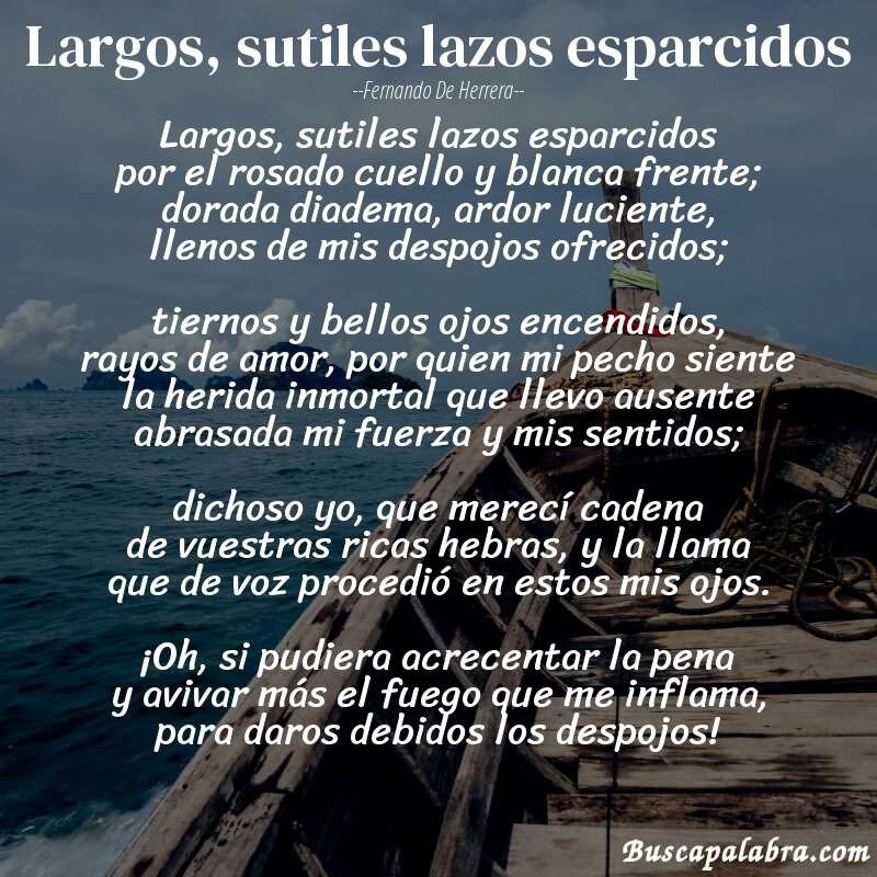 Poema Largos, sutiles lazos esparcidos de Fernando de Herrera con fondo de barca