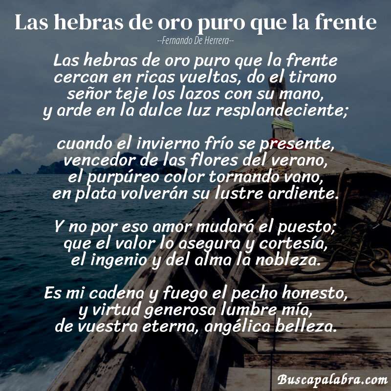 Poema Las hebras de oro puro que la frente de Fernando de Herrera con fondo de barca