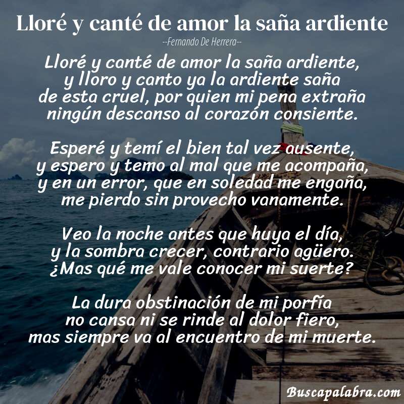 Poema Lloré y canté de amor la saña ardiente de Fernando de Herrera con fondo de barca