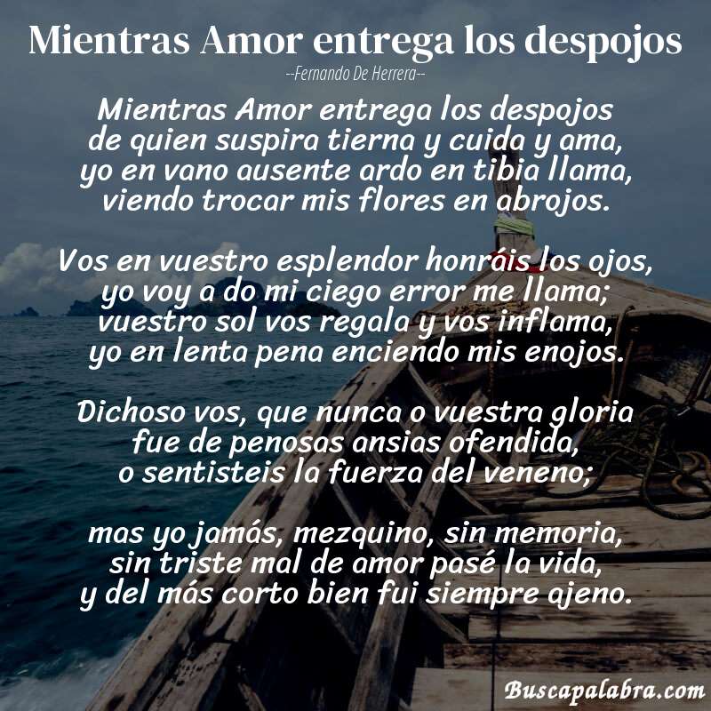 Poema Mientras Amor entrega los despojos de Fernando de Herrera con fondo de barca