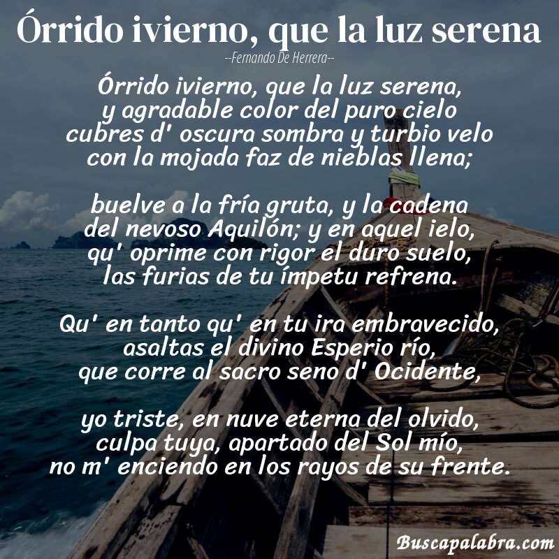 Poema Órrido ivierno, que la luz serena de Fernando de Herrera con fondo de barca
