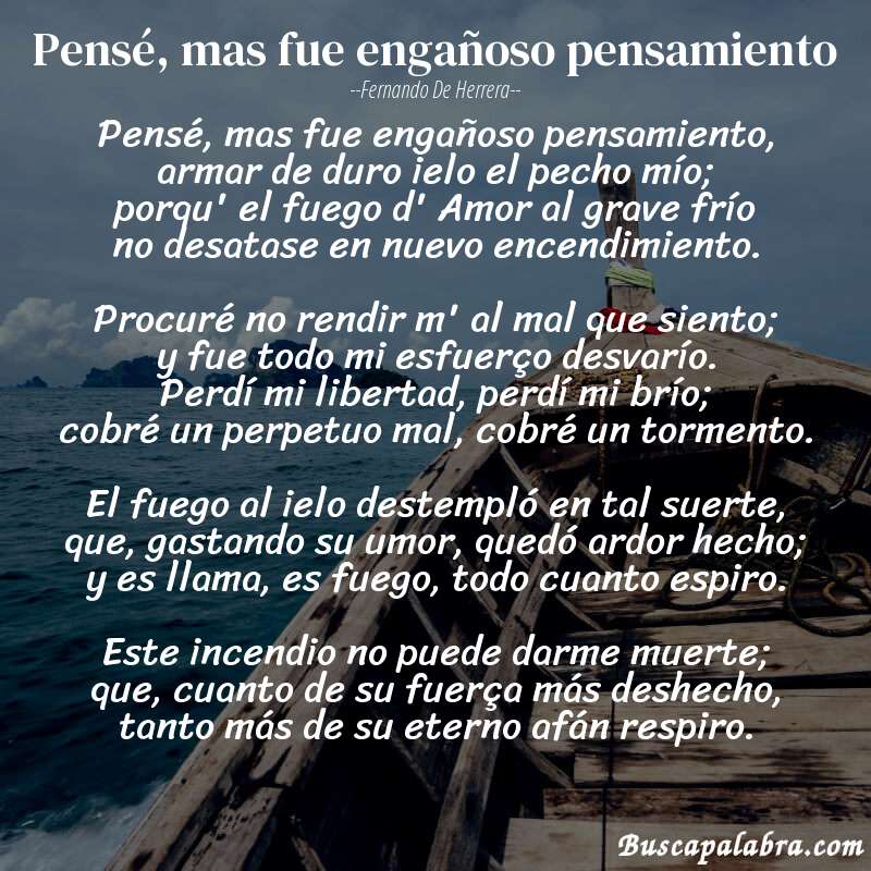 Poema Pensé, mas fue engañoso pensamiento de Fernando de Herrera con fondo de barca