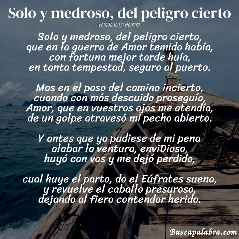 Poema Solo y medroso, del peligro cierto de Fernando de Herrera con fondo de barca