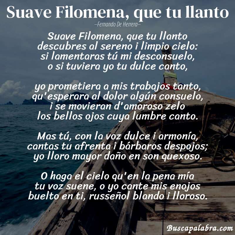 Poema Suave Filomena, que tu llanto de Fernando de Herrera con fondo de barca