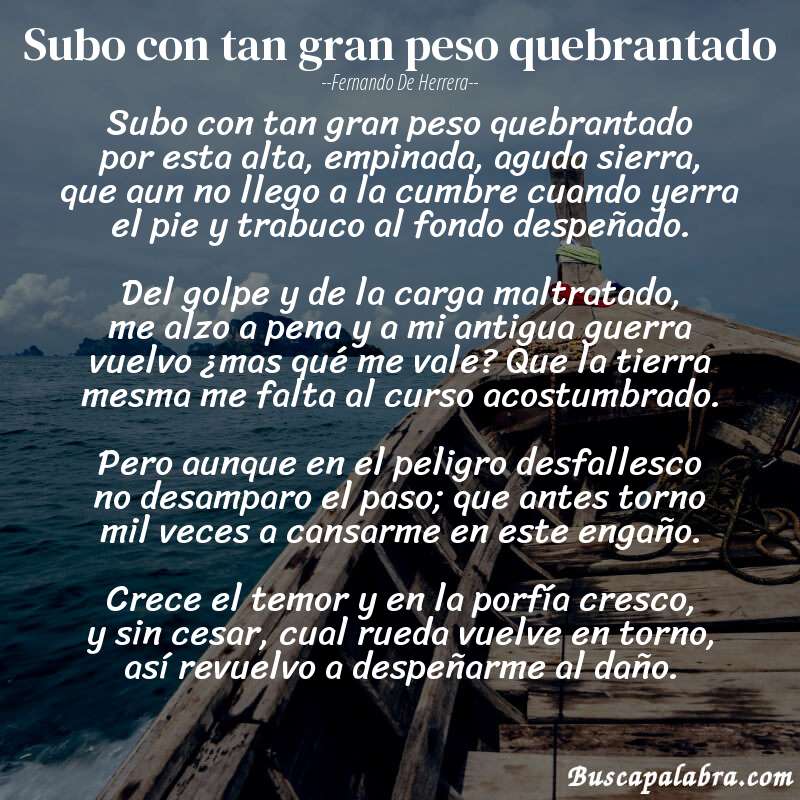 Poema Subo con tan gran peso quebrantado de Fernando de Herrera con fondo de barca