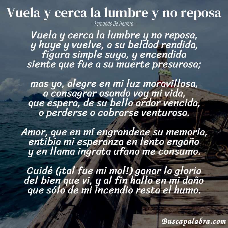 Poema Vuela y cerca la lumbre y no reposa de Fernando de Herrera con fondo de barca