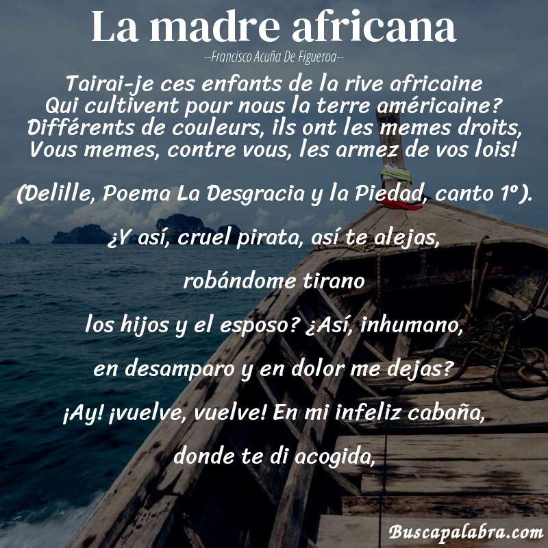 Poema La madre africana de Francisco Acuña de Figueroa con fondo de barca