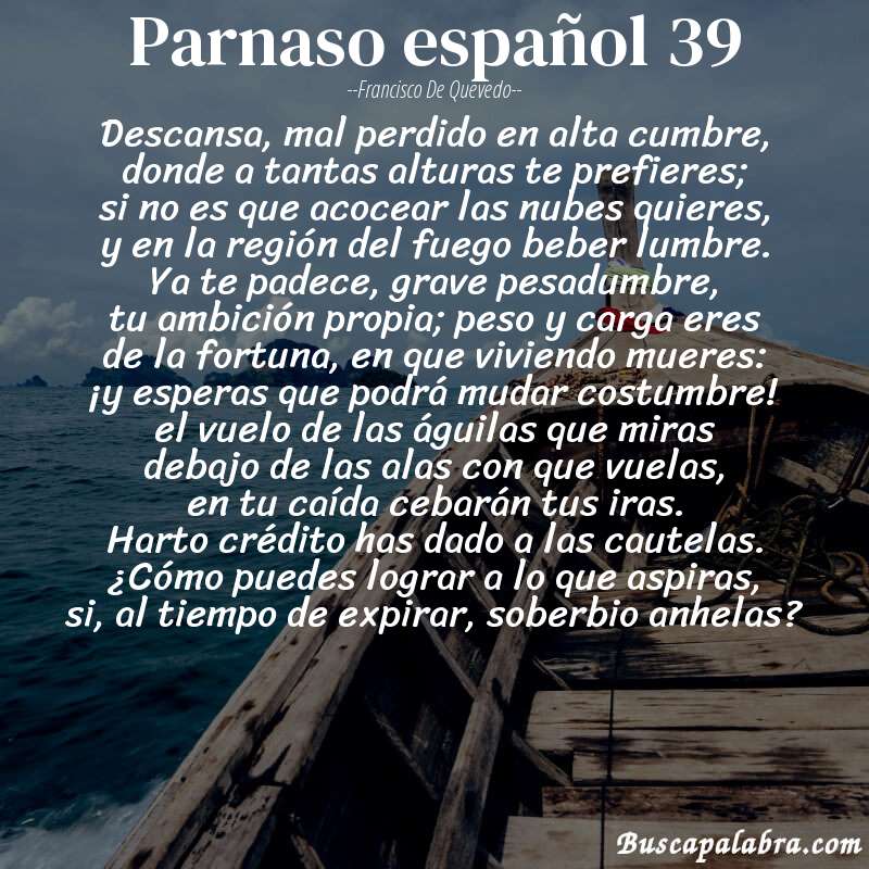 Poema parnaso español 39 de Francisco de Quevedo con fondo de barca