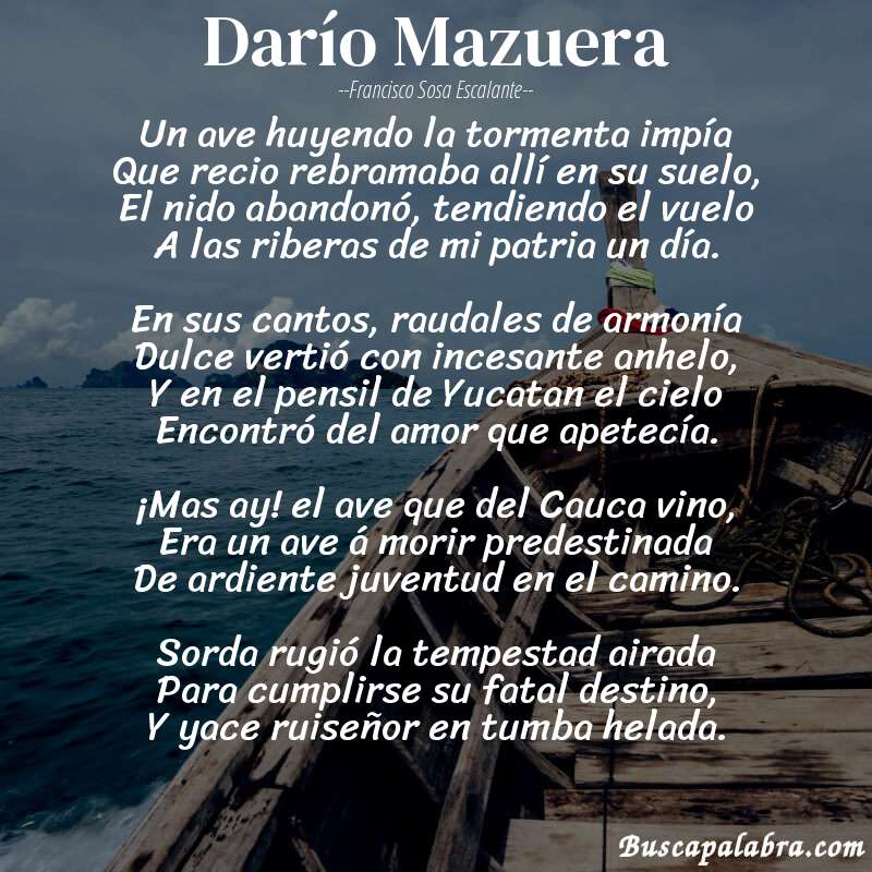 Poema Darío Mazuera de Francisco Sosa Escalante con fondo de barca