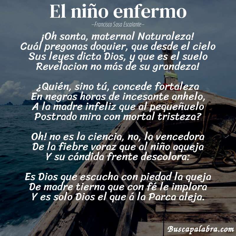 Poema El niño enfermo de Francisco Sosa Escalante con fondo de barca
